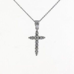 14K White Gold Natural Diamond Cross Necklace ..30ctw Adjustable Chain